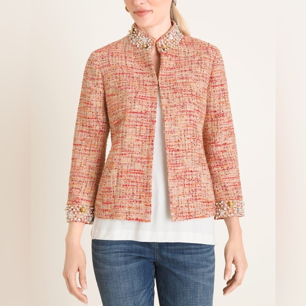 Chico's Pink Tweed Blazer with Pearl Accents